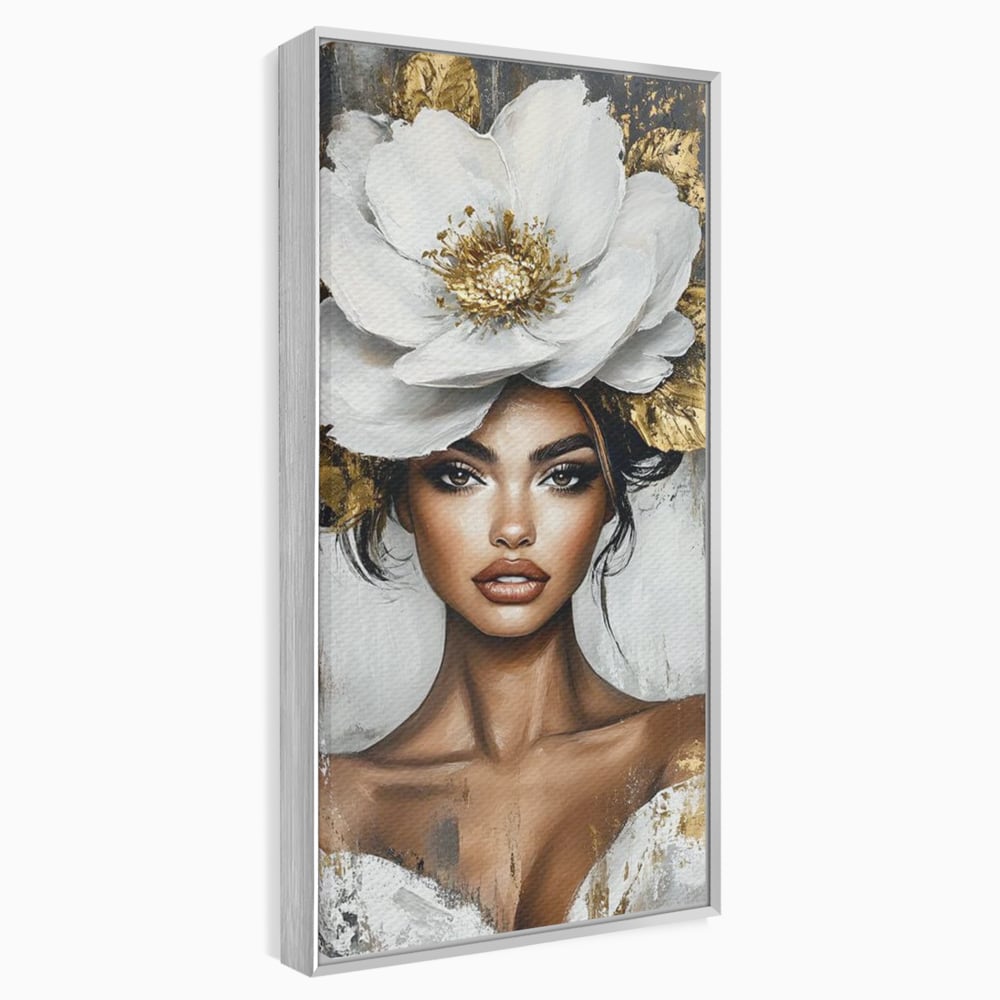Tablou canvas cu tablou canvas cu portret de femeie si floare, in rama de aluminiu argintiu